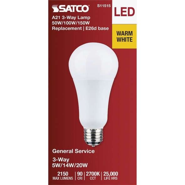 Satco 50-100-150W Equivalent Selectable 2700K CCT A21 LED 3-Way Bulb S11515 536921