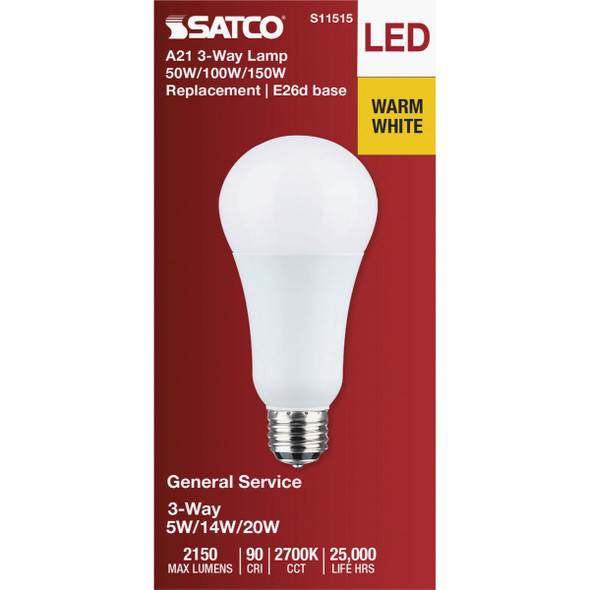 Satco 50-100-150W Equivalent Selectable 2700K CCT A21 LED 3-Way Bulb S11515 536921