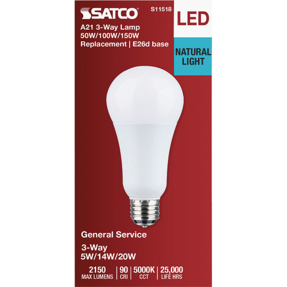 Satco 50-100-150W Equivalent Selectable 5000K CCT A21 LED 3-Way Bulb S11518 553323