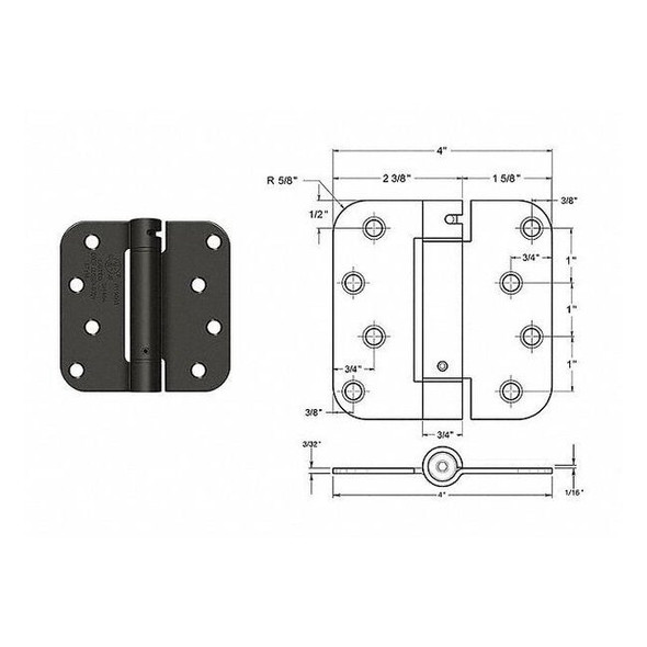 Butt Hinge, Steel, Full Mortise Mounting, 4 in Leaf W x 4 in Leaf H, Satin Brass