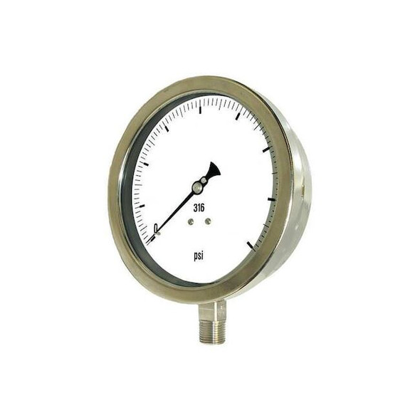Industrial Pressure Gauge, 0 to 300 psi, 6 in Dial, 1/2 in NPT, Bottom Location