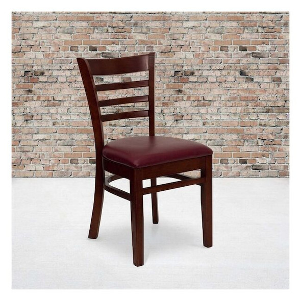 Ladder Back Mahogany Wood Restaurant Chair,Burgundy Vinyl Seat,PK2