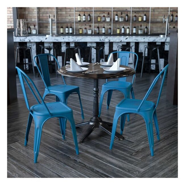 Distressed Antique Blue Metal Indoor-Outdoor Stackable Chair,PK4