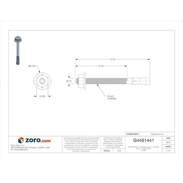 Mkt Fastening SUP-R-STUD + Wedge Anchor, 1/4" Dia., 3-1/4" L, Steel Plain, 20 PK 271431S
