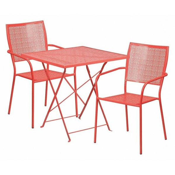 28" Square Coral Steel Folding Table w/ 2 Chairs