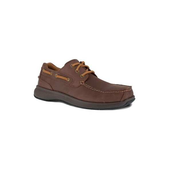 Men's Boat Shoe, Steel Toe, Leather Upper, Rubber Outsole, Lace Up, Brown, 9 EEE