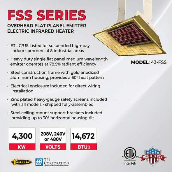 Fostoria Infrared Overhead Electric Heater H43-FSS-3