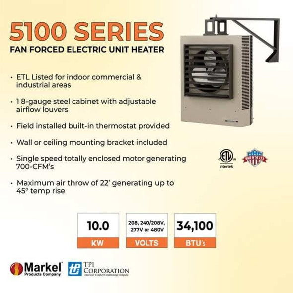 Fan Forced Electric Unit Heater, 3 Phase, 480V, 10kW, 24-5-16 in H, 21-1-2 in W  5110CA1NP3P