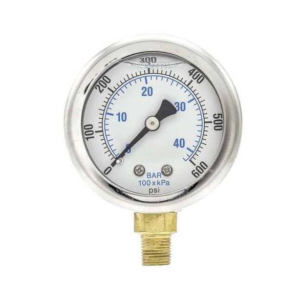 Industrial Pressure Gauge, 0 to 600 psi, 2 in Dial, 1/8 in NPT, Bottom Location
