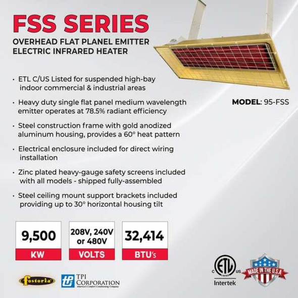 Infrared Overhead Electric Heater, 1, 3 Phase, Aluminum, 480V AC  P95-FSS-3