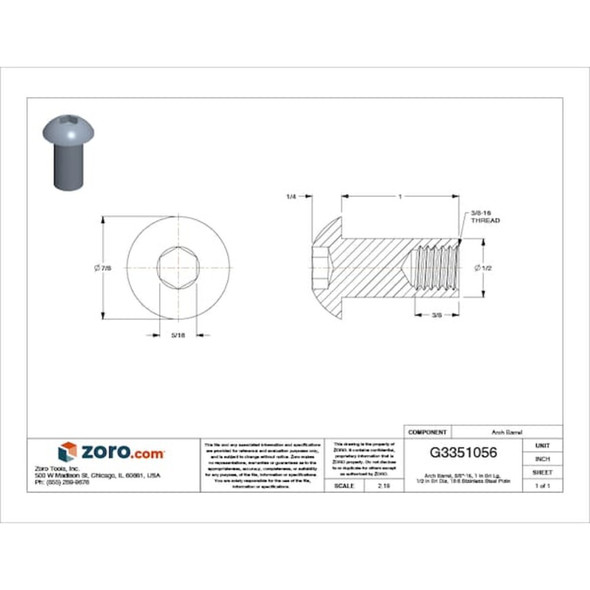 Arch Barrel, 3-8"-16, 1 in Brl Lg, 1-2 in Brl Dia, Stainless Steel Plain  Z1634