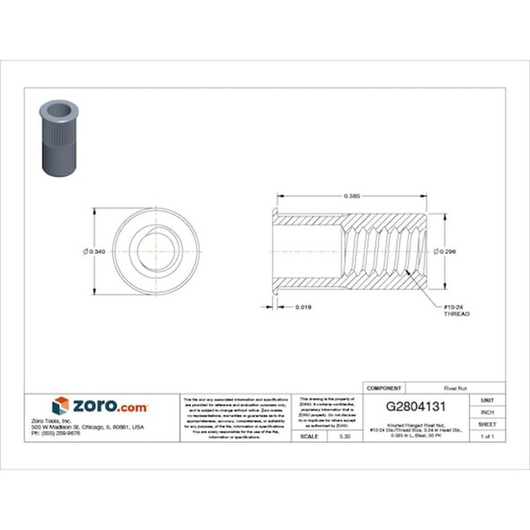 Rivet Nut, #10-24 Thread Size, 0.34 in Flange Dia., 0.585 in L, Steel, 50 PK  CAK2-1024-225-50
