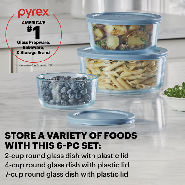 Pyrex Simply Store Tinted Round Storage Set with Blue Plastic Lids (6-Piece)