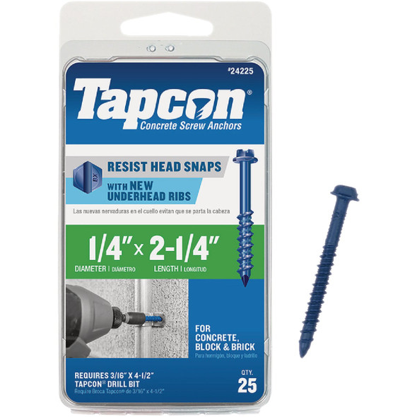 Tapcon 1/4 In. x 2-1/4 In. Hex Washer Head Concrete Screw Anchors (25-Count)
