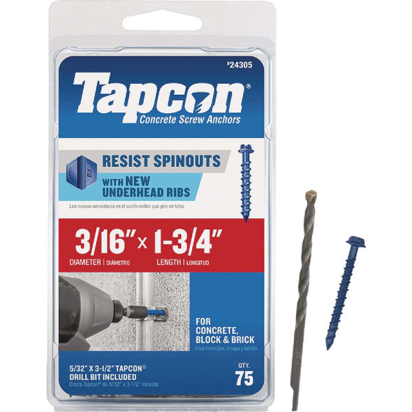 Tapcon 3/16 In. x 1-3/4 In. Hex Washer Concrete Screw Anchor (75-Count) 24305