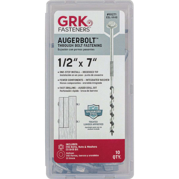 GRK AugerBolt 1/2 In. x 7 In. Galvanized Hex Through Bolt (10-Count) 81271