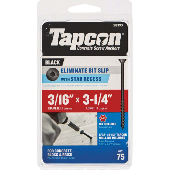 Tapcon 75ct 3/16x3.25 Bk S Scrw 28393