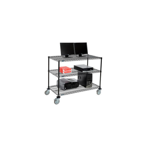 Nexel 3-Shelf Mobile Wire Computer LAN Workstation 48""W x 24""D x 40""H Black