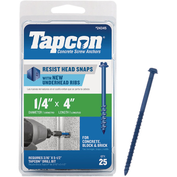 Tapcon 1/4 In. x 4 In. Hex Washer Head Concrete Screw Anchors (25 Ct.) 24345
