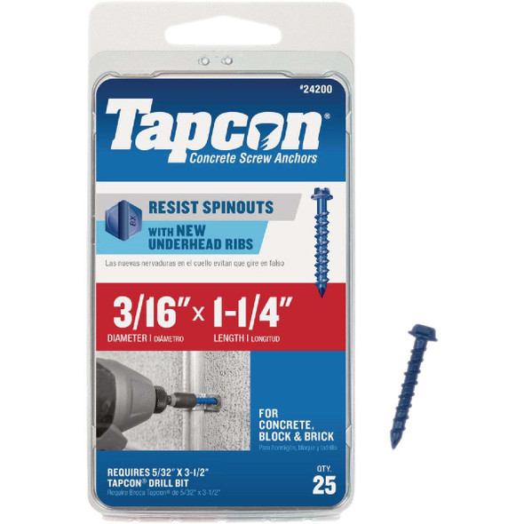 Tapcon 3/16 In. x 1-1/4 In. Hex Washer Head Concrete Screw Anchors (25-Count)