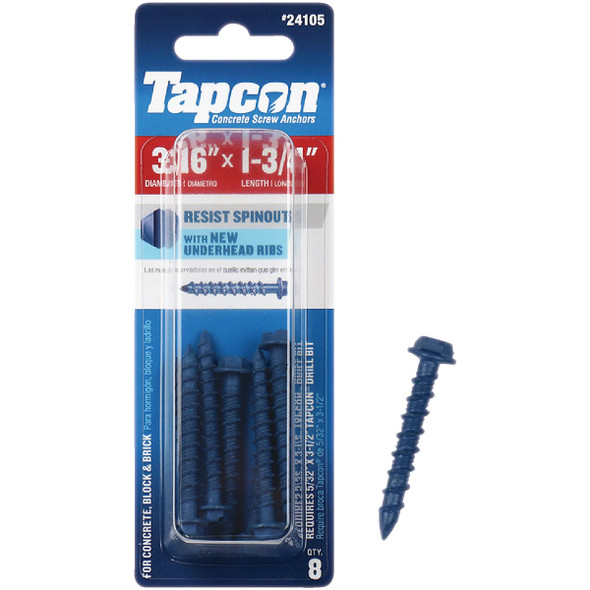 Tapcon 3/16 In. x 1-3/4 In. Hex Washer Head Concrete Screw Anchors (8-Count)