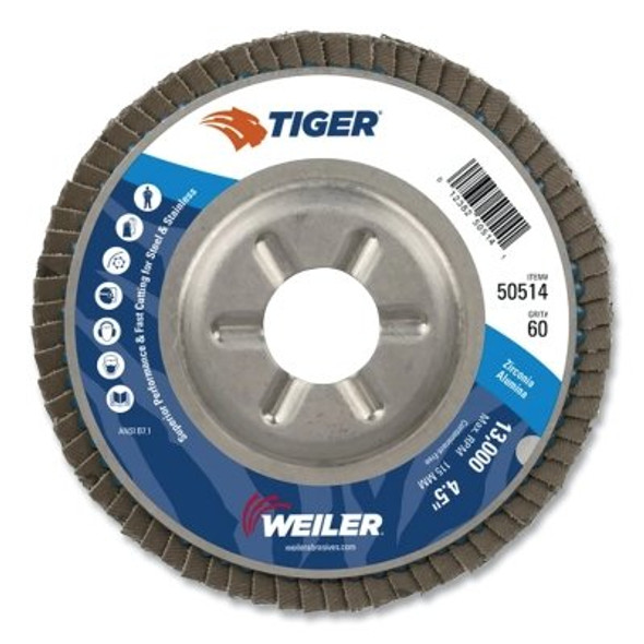 Tiger® Disc Angled Style Flap Disc, 4-1/2 in dia, 60 Grit, 7/8 Arbor, 13000 rpm, Type 29 Tiger® Disc Angled Style Flap Disc, 4-1/2 in dia, 60 Grit, 7/8 Arbor, 13000 rpm, Type 29