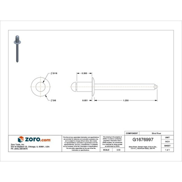 Blind Rivet, Dome Head, 3-16 in Dia., 19-64 in L, Aluminum Body, 250 PK  AD62BS200
