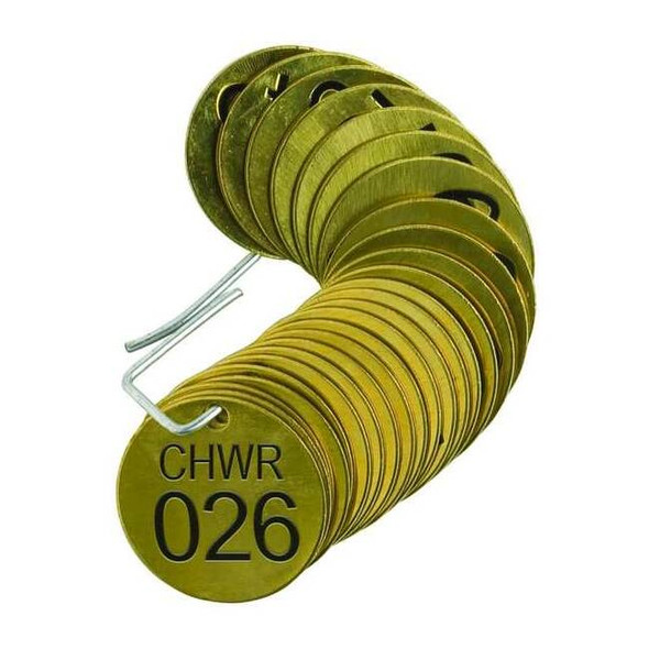 Numbered Tag, Brass, 1 1/2 in H x 1 1/2 in W, 1 1/2 in Dia., Brass, Round, 25 PK