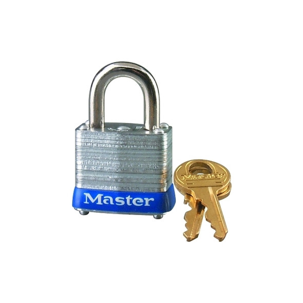 No. 7 Laminated Steel Padlock, 3/16 in dia, 1/2 in W x 9/16 in H Shackle, Silver/Blue, Keyed Different Pack of 4