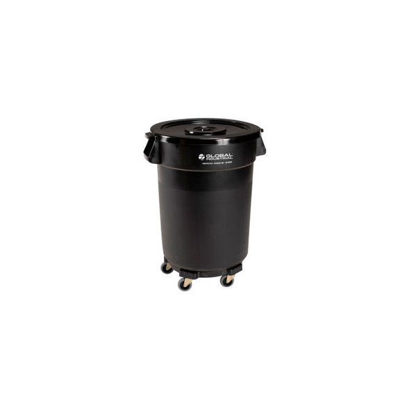 Global Industrial Plastic Trash Can with Lid & Dolly - 32 Gallon Black