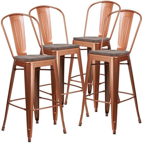 Copper Metal Barstool with Back and Wood Seat,30" High,PK4  4-ET-3534-30-POC-WD-GG
