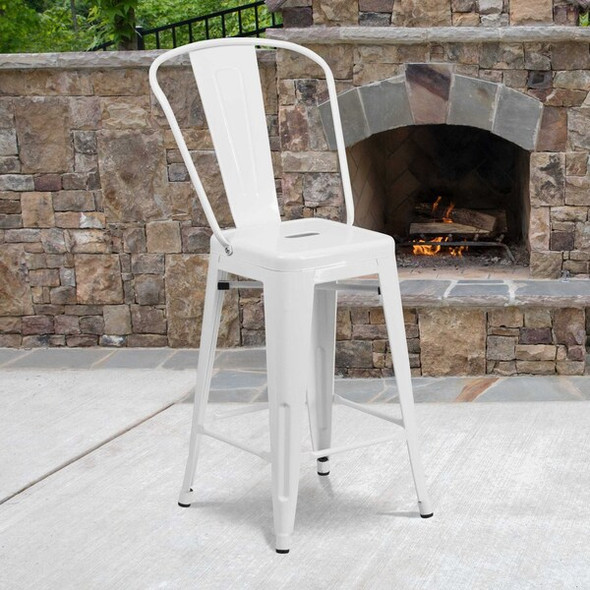 24"H White Metal Counter Height Stool w/Back, PK4