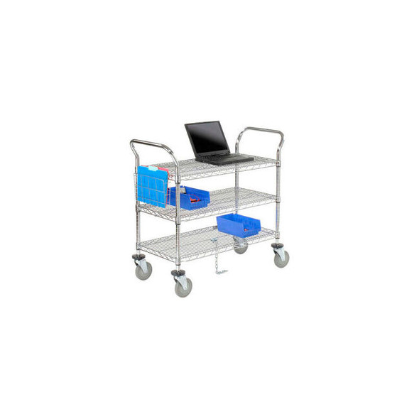 Nexel 3 Shelf Utility Cart Chrome 24""W x 24""D x 39""H Poly Casters4 Swivel 2 B