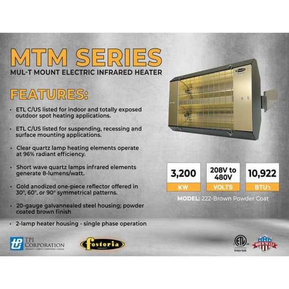 Infrared Quartz Electric Heater, 1 Phase, Galvanized Steel, 480V AC  P-30-222-TH