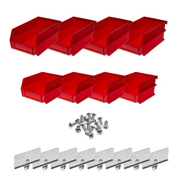 Hanging Bins and Bin Clip Kit, Polypropylene, Red, (4) Small and (4) Large