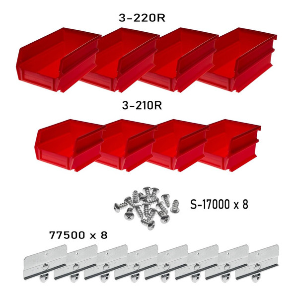 Hanging Bins and Bin Clip Kit, Polypropylene, Red, (4) Small and (4) Large  028-R
