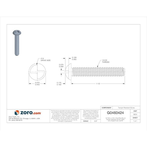 1/4"-20 x 1-1/2 in One-Way Round Tamper Resistant Screw, Zinc Plated Finish, Steel, 50 PK