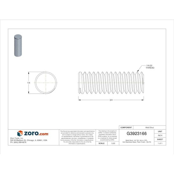 Weld Stud, 1/4"-20, 3/4 in, CFL, 18-8 Stainless Steel, Plain Finish, 100 PK