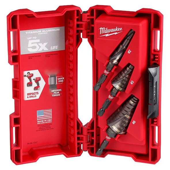 Milwaukee Tool Step Drill Bit Set,1/8" to 1" Sz Range 48-89-9256 Milwaukee Tool Step Drill Bit Set,1/8" to 1" Sz Range 48-89-9256