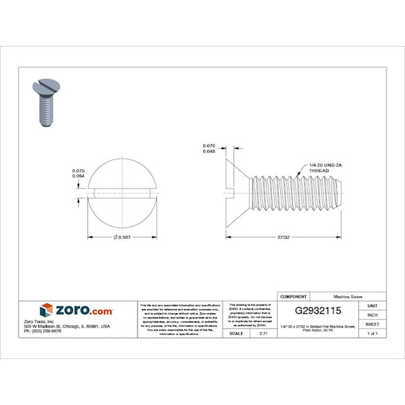 Manufacturer Varies 1/4"-20 x 27/32 in Slotted Flat Machine Screw, Plain Nylon 6/6, 50 PK 022520A100