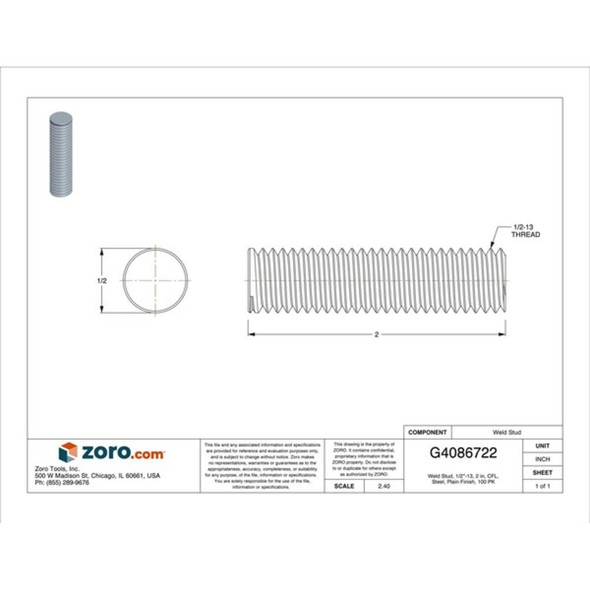 Weld Stud, 1-2"-13, 2 in, CFL, Steel, Plain Finish, 100 PK  101-010-188-G100