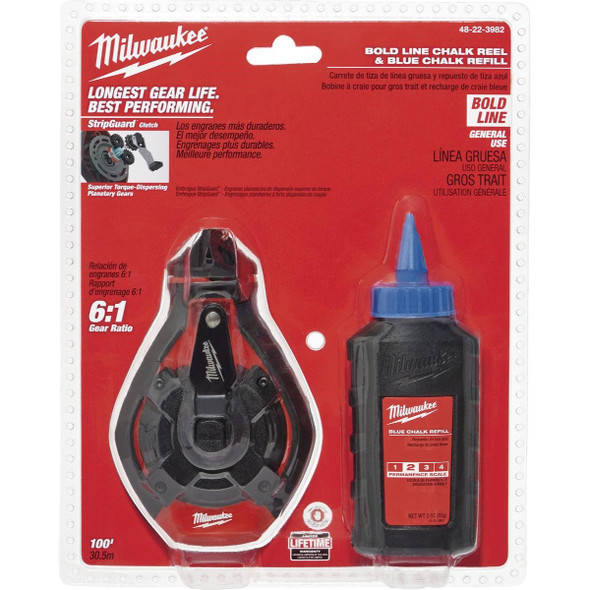 48-22-3982 Milwaukee 100 Ft. Bold Line Chalk Line Reel and Chalk, Blue