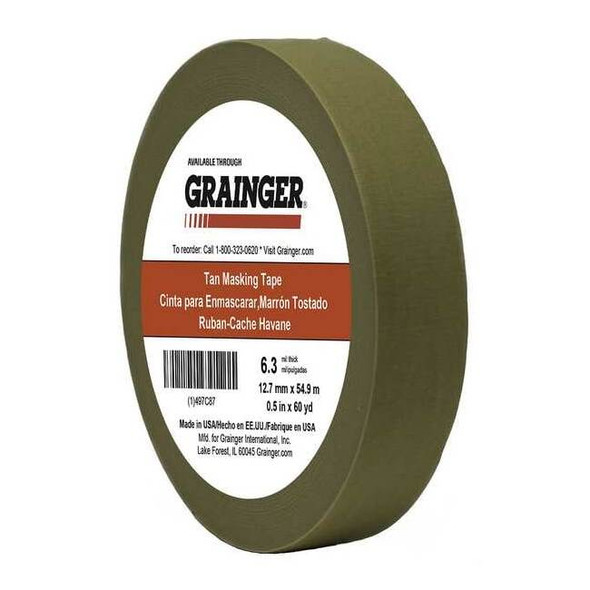 Masking Tape, 1/2 in W x 60 yd L, 6.3 mil Thick, Tan, Rubber Adhesive