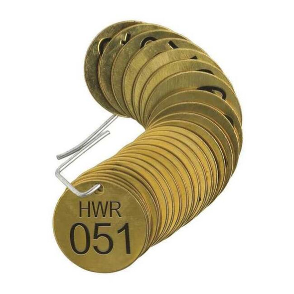 Numbered Tag, Brass, 1 1/2 in H x 1 1/2 in W, 1 1/2 in Dia., Brass, Round, 25 PK