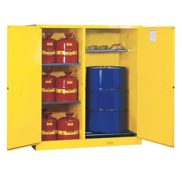 Hazardous Material Storage Cabinet, 115 gal, 3 Shelves, Steel, 59 in W x 65 in H x 34 in D, Yellow