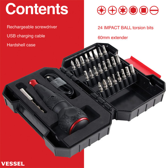 Rechargeable Ball Grip Screwdriver with 25pc Bit Set 220USB25U