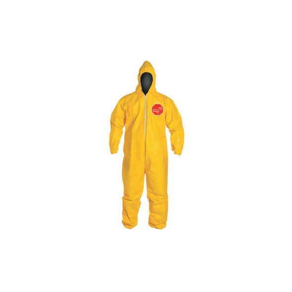 Tychem® 2000 Coverall, Serged Seams, Attached Hood, Elastic Wrists and Ankles, Zipper Front, Storm Flap, Yellow, X-Large