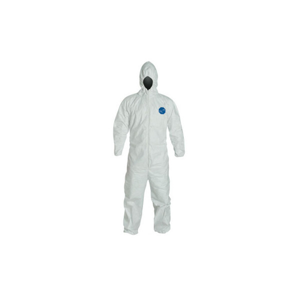 Tyvek® 400 Coverall, Serged Seams, Attached Hood, Elastic Waist, Elastic Wrists and Ankles, Front Zip, Storm Flap, White, Med