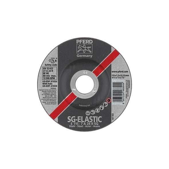 Type 27 SG Depressed Center Grinding Wheel, 4-1/2 Dia, 1/4 Thick, 7/8 Arbor, Alum Oxide