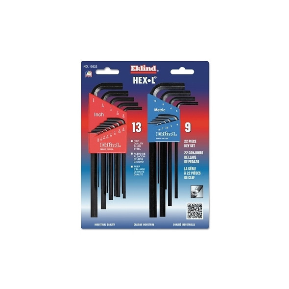 Hex-L® Key Set, 22 per card, Hex Tip, Inch/Metric, Long Arm